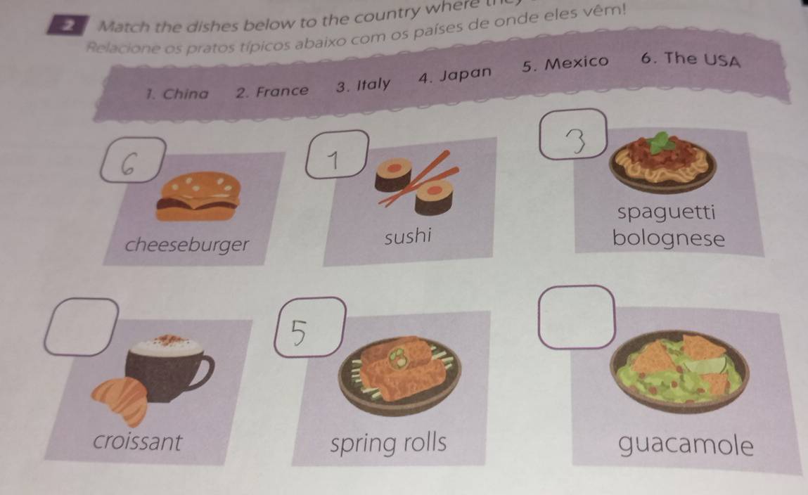 Match the dishes below to the country where “ 
Relacione os pratos típicos abaixo com os países de onde eles vêm! 
1. China 2. France 3. Italy 4. Japan 5. Mexico 6. The USA 
spaguetti 
cheeseburger 
sushi bolognese 
spring rolls guacamole