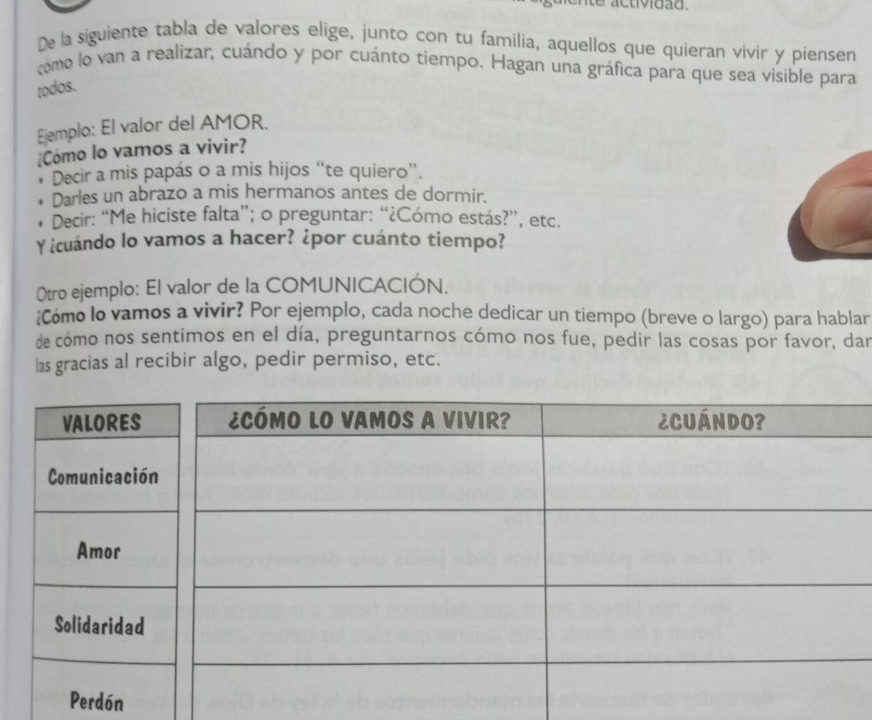 actividad . 
De la siguiente tabla de valores elige, junto con tu familia, aquellos que quieran vivir y piensen 
como lo van a realizar, cuándo y por cuánto tiempo. Hagan una gráfica para que sea visible para 
todos. 
Ejemplo: El valor del AMOR. 
¿Cómo lo vamos a vivir? 
Decir a mis papás o a mis hijos “te quiero”. 
. Darles un abrazo a mis hermanos antes de dormir. 
* Decir: “Me hiciste falta”; o preguntar: “¿Cómo estás?”, etc. 
Y ¿cuándo lo vamos a hacer? ¿por cuánto tiempo? 
Otro ejemplo: El valor de la COMUNICACIÓN. 
¿Cómo lo vamos a vivir? Por ejemplo, cada noche dedicar un tiempo (breve o largo) para hablar 
de cómo nos sentimos en el día, preguntarnos cómo nos fue, pedir las cosas por favor, dan 
las gracias al recibir algo, pedir permiso, etc.