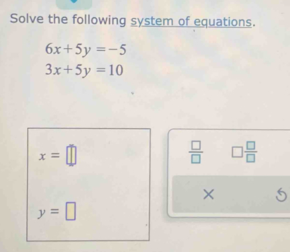 Solve the following system of equations.
6x+5y=-5
3x+5y=10
 □ /□   □  □ /□  
×