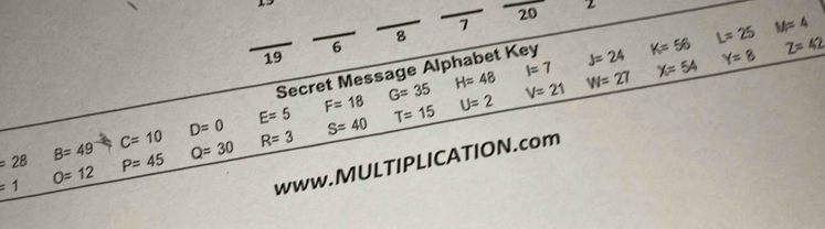 13 
_ 
_
20
z
7
8
6
Z=42
19 
_Secret Message Alphabet Key J=24 K=56 L=25 M=4
U=2 V=21
C=10 D=0
E=5
F=18 G=35 H=48 l=7 W=27 X=54 Y=8
=28 B=49 P=45 Q=30 R=3 S=40 T=15
=1 O=12
www.MULTIPLICATION.com