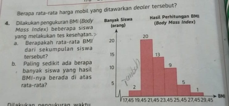 Berapa rata-rata harga mobil yang ditawarkan deoler tersebut? 
4. Dilakukan pengukuran BMI (Body 
Møss Index) beberapa siswa 
yang melakukan tes kesehatan. 
a. Berapakah rata-rata BMI 
dari sekumpulan siswa 
tersebut? 
b. Paling sedikit ada berapa 
banyak siswa yang hasil 
BMI-nya berada di atas 
rata-rata? 
I 
Dilakukan nengukuran wak tu