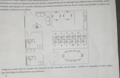 Teniendo en cuenta el siguiente plano de oficina, y dependiendo de la topología que utilizaste para conectarios, ahora 
comenta qué equipos de conexión utilizarías para interconectarlos entre sé, ten en cuenta que también se quiere una 
conexión a Internet 
Tenga en cuenta que los equipos de cómputo son los marcados con las letras. Justifica tu respuesta, es decir, digan 
por qué eligen los dispositivos que utilizaron.