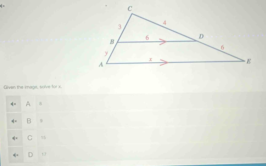 Given the image, solve for x.
□ * A B
B 9
(x C 15
dx D 17