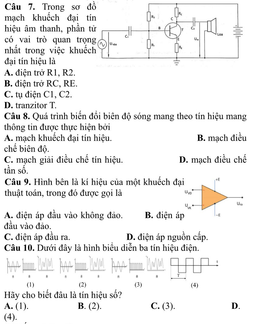 Trong sơ 
mạch khuêch đại t
hiệu âm thanh, phần 
có vai trò quan trọn
nhất trong việc khuế
đại tín hiệu là
A. điện trở R1, R2.
B. điện trở RC, RE.
C. tụ điện C1, C2.
D. tranzitor T.
Câu 8. Quá trình biến đổi biên độ sóng mang theo tín hiệu mang
thông tin được thực hiện bởi
A. mạch khuếch đại tín hiệu. B. mạch điều
chế biên độ.
C. mạch giải điều chế tín hiệu. D. mạch điều chế
tần số.
Câu 9. Hình bên là kí hiệu của một khuếch đại +E
thuật toán, trong đó được gọi là
U_VD
U_ra
A. điện áp đầu vào không đảo. B. điện áp -E
đầu vào đảo.
C. điện áp đầu ra. D. điện áp nguồn cấp.
Câu 10. Dưới đây là hình biểu diễn ba tín hiệu điện.
(1)
T
(1) (2) (3) (4)
Hãy cho biết đâu là tín hiệu shat O ?
A. (1). B. (2). C. (3). D.
(4).