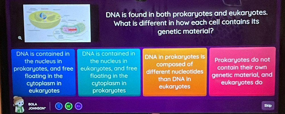 DNA is found in both prokaryotes and eukaryotes.
What is different in how each cell contains its
genetic material?
Q
DNA is contained in DNA is contained in DNA in prokaryotes is
the nucleus in the nucleus in composed of Prokaryotes do not
prokaryotes, and free eukaryotes, and free different nucleotides contain their own
floating in the floating in the genetic material, and
than DNA in
cytoplasm in cytoplasm in eukaryotes do
eukaryotes
eukaryotes prokaryotes
BOLA
Skip
JOHNSON"