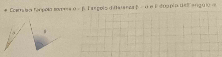 Costruísci langolo somma alpha +beta l'angolo differenza beta -alpha e il doppio del l angoto n
α
β