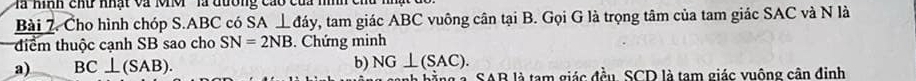 Mà hình chữ nhật và MhM '' là đương cao của nình chu 
Bài 7. Cho hình chóp S. ABC có SA⊥ day t, tam giác ABC vuông cân tại B. Gọi G là trọng tâm của tam giác SAC và N là 
điểm thuộc cạnh SB sao cho SN=2NB. Chứng minh 
a) BC⊥ (SAB). 
b) NG⊥ (SAC).
SAB là tam giác đều. SCD là tam giác vuông cân đinh