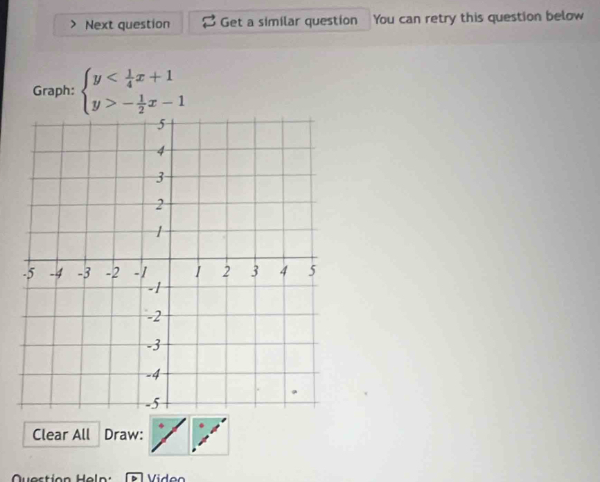 Next question Get a similar question You can retry this question below 
Graph: beginarrayl y - 1/2 x-1endarray.
Clear All Draw: 
Question Heln: Viden