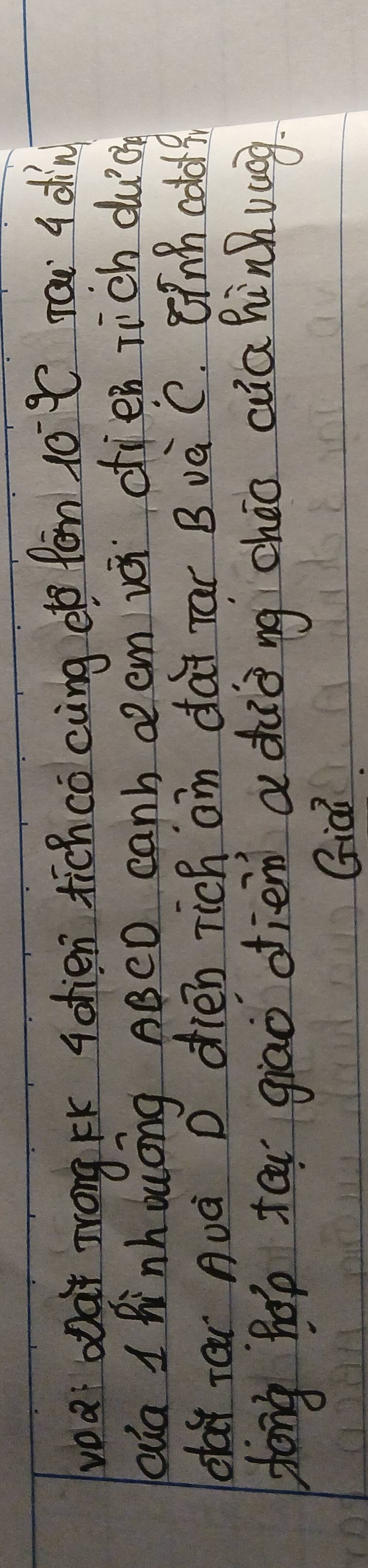 voa oar wong Kk 4otien tichcocàng eg fàn 10^(-9)C rau a div 
Qua 1 hinh ouóng ABCO canh ceem vá cien rich duà 
day rar Auà D dién rich an dai rar B vè C. ¢inh colo? 
Zong hep tói giāo dien adàò ng cháo càa hinhuang. 
Gid