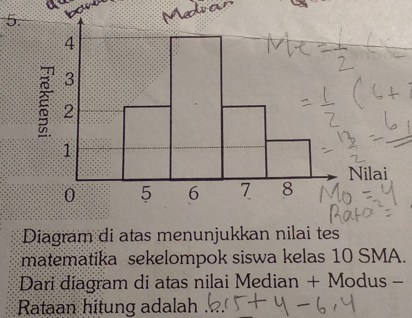 ta 
Nilai 
Diagram di atas menunjukkan nilai tes 
matematika sekelompok siswa kelas 10 SMA. 
Dari diagram di atas nilai Median + Modus - 
Rataan hitung adalah