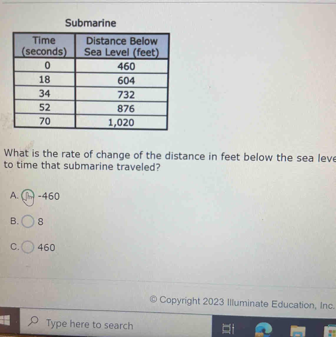 Submarine
What is the rate of change of the distance in feet below the sea leve
to time that submarine traveled?
A. m -460
B. 8
C. 460
Copyright 2023 Illuminate Education, Inc.
Type here to search