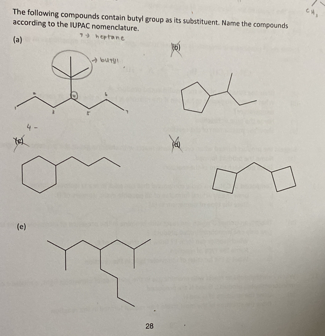 The following compounds contain butyl group as its substituent. Name the compounds 
according to the IUPAC nomenclature. 
(a) 
(b) 
(e)
28