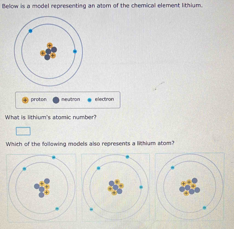 Below is a model representing an atom of the chemical element lithium.
proton neutron electron
What is lithium's atomic number?
Which of the following models also represents a lithium atom?