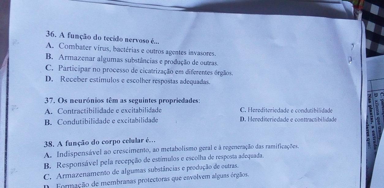 A função do tecido nervoso é...
A. Combater vírus, bactérias e outros agentes invasores.
B. Armazenar algumas substâncias e produção de outras.
C. Participar no processo de cicatrização em diferentes órgãos.
D. Receber estímulos e escolher respostas adequadas.
37. Os neurónios têm as seguintes propriedades:
A. Contractibilidade e excitabilidade C. Herediteriedade e condutibilidade
B. Condutibilidade e excitabilidade D. Herediteriedade e conttractibilidade
a
38. A função do corpo celular é..
A. Indispensável ao crescimento, ao metabolismo geral e à regeneração das ramificações.
B. Responsável pela recepção de estímulos e escolha de resposta adequada.
C. Armazenamento de algumas substâncias e produção de outras.
D. Formação de membranas protectoras que envolvem alguns órgãos.