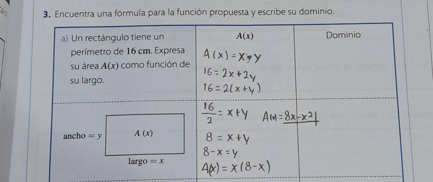 Encuentra una fórmula para la función propuesta y escribe su dominio.