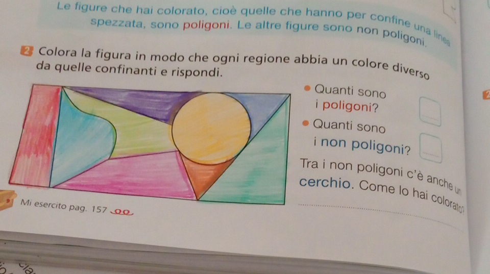 Le figure che hai colorato, cioè quelle che hanno per confine una line 
spezzata, sono poligoni. Le altre figure sono non poligoni. 
* Colora la figura in modo che ogni regione abbia un colore diverso 
da quelle confinanti e rispondi. 
uanti sono 
a 
poligoni ? 
uanti sono 
on poligoni? ... 
non poligoni c'è anche un 
hio. Come lo hai colorato 
Mi esercito pag. 157 00