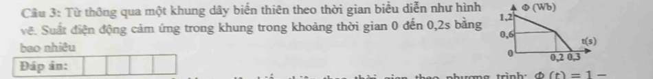 Cầu 3: Từ thông qua một khung dây biển thiên theo thời gian biểu diễn như hình
về. Suất điện động cảm ứng trong khung trong khoảng thời gian 0 đến 0,2s bằng
bao nhiêu 
Đáp án: 
tợng trình: varPhi (t)=1-