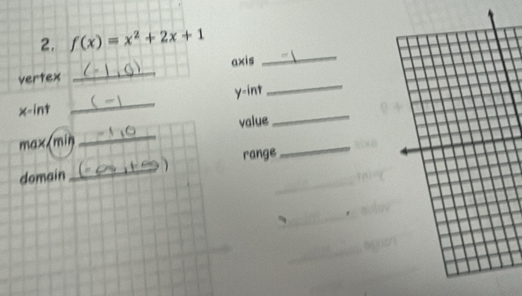 f(x)=x^2+2x+1
axis 
_ 
_ 
vertex 
_ 
_
y -int 
_
x -int 
_ 
value 
max(min 
range 
_ 
domain_