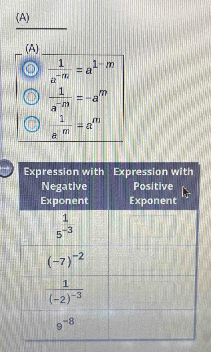  1/a^(-m) =a^(1-m)
 1/a^(-m) =-a^m
 1/a^(-m) =a^m