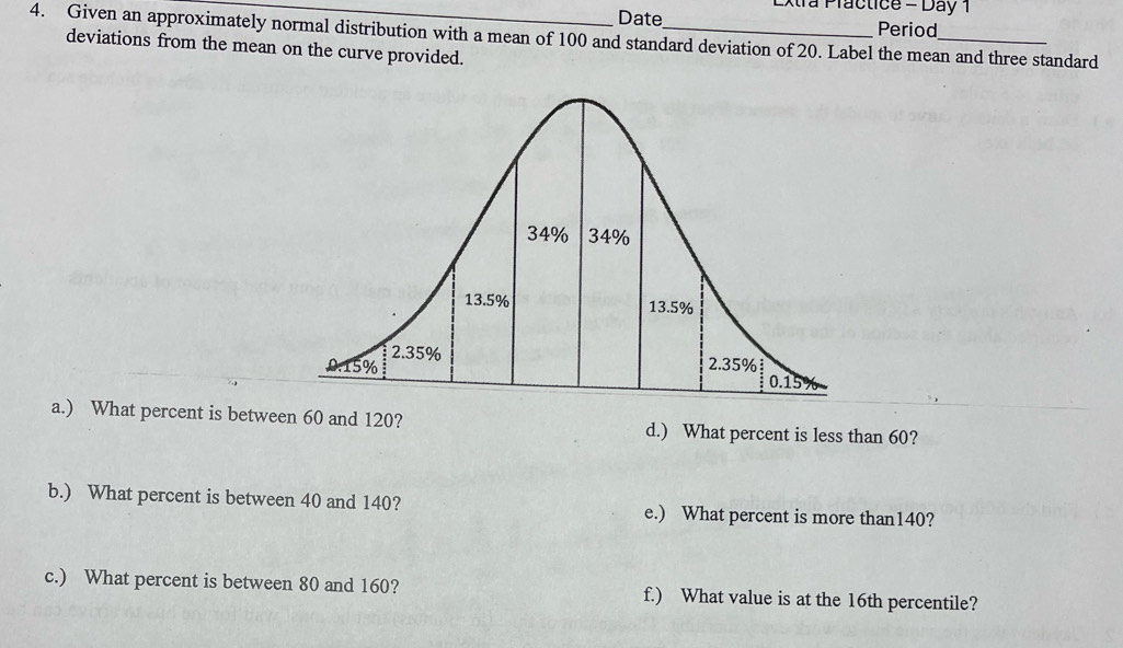 Extra Practice = Day 1 
Date Period 
4. Given an approximately normal distribution with a mean of 100 and standard deviation of 20. Label the mean and three standard 
deviations from the mean on the curve provided. 
a.) What percent is between 60 and 120? d.) What percent is less than 60? 
b.) What percent is between 40 and 140? e.) What percent is more than140? 
c.) What percent is between 80 and 160? f.) What value is at the 16th percentile?