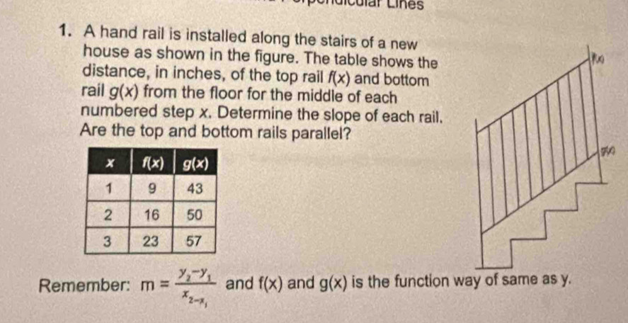 dícular Línes
1. A hand rail is installed along the stairs of a new
house as shown in the figure. The table shows the
distance, in inches, of the top rail f(x) and bottom
rail g(x) from the floor for the middle of each
numbered step x. Determine the slope of each rail.
Are the top and bottom rails parallel?
Remember: m=frac y_2-y_1x_2-x_1 and f(x) and g(x) is the function way of same as y.