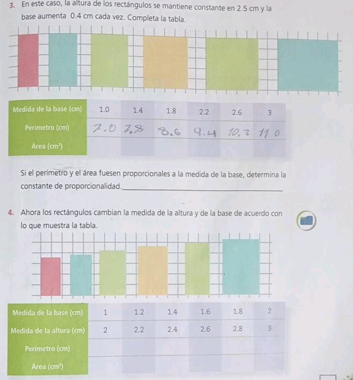 En este caso, la altura de los rectángulos se mantiene constante en 2.5 cm y la 
base aumenta 0.4 cm cada vez. Completa la tabla. 
Si el perímetro y el área fuesen proporcionales a la medida de la base, determina la 
constante de proporcionalidad._ 
4. Ahora los rectángulos cambian la medida de la altura y de la base de acuerdo con 
lo que muestra la tabla. 
Medida de la base (cm) 1 1.2 1.4 1.6 1.8 2
Medida de la altura (cm) 2 2.2 2.4 2.6 2.8 3
Perimetro (cm) 
Área (cm^2)