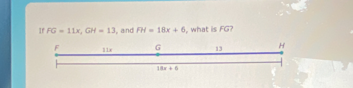 If FG=11x,GH=13 , and FH=18x+6 , what is FG?