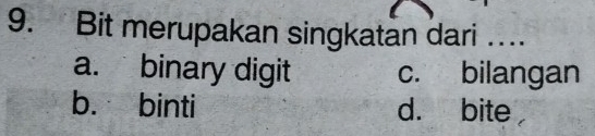 Bit merupakan singkatan dari …
a. binary digit c. bilangan
b. binti d. bite