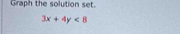 Graph the solution set.
3x+4y<8</tex>