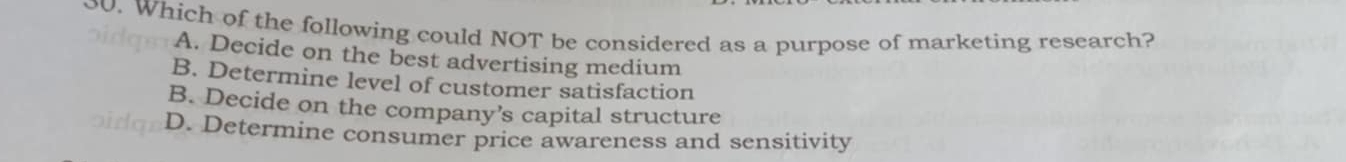 Which of the following could NOT be considered as a purpose of marketing research?
A. Decide on the best advertising medium
B. Determine level of customer satisfaction
B. Decide on the company’s capital structure
D. Determine consumer price awareness and sensitivity