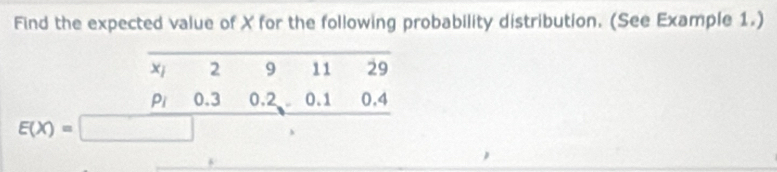 Find the expected value of X for the following probability distribution. (See Example 1.)
E(X)=