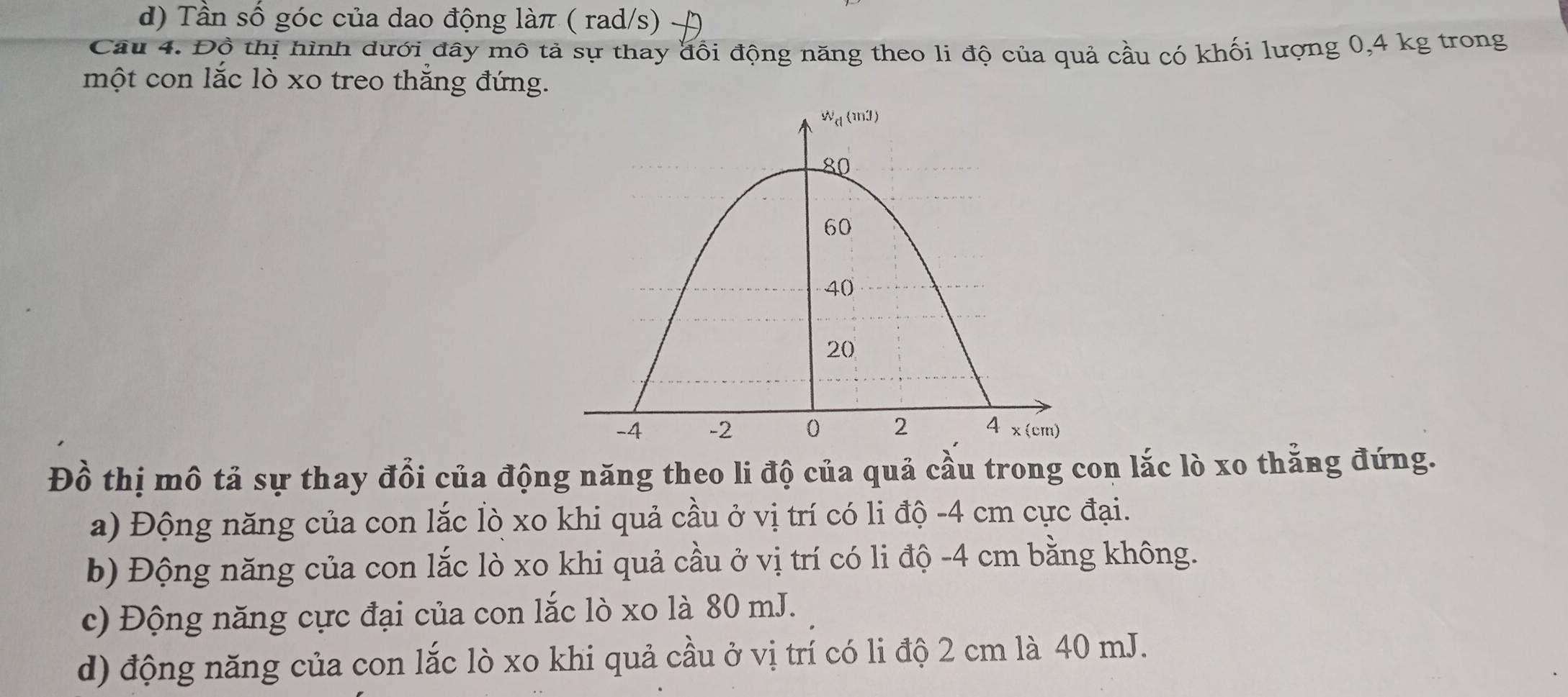 d) Tần số góc của dao động làπ ( rad/s)
Câu 4. Đồ thị hình dưới đây mô tả sự thay đổi động năng theo li độ của quả cầu có khối lượng 0,4 kg trong
một con lắc lò xo treo thắng đứng.
Đồ thị mô tả sự thay đổi của động năng theo li độ của quả cầu trong con lắc lò xo thằng đứng.
a) Động năng của con lắc lò xo khi quả cầu ở vị trí có li độ -4 cm cực đại.
b) Động năng của con lắc lò xo khi quả cầu ở vị trí có li độ -4 cm bằng không.
c) Động năng cực đại của con lắc lò xo là 80 mJ.
d) động năng của con lắc lò xo khi quả cầu ở vị trí có li độ 2 cm là 40 mJ.