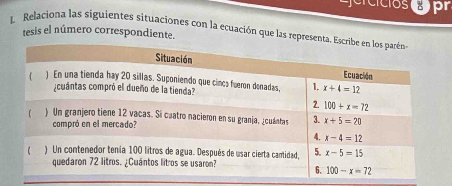 jercicios  u/c  pr
L Relaciona las siguientes situaciones con la ecuación que las repre
tesis el número correspondiente.