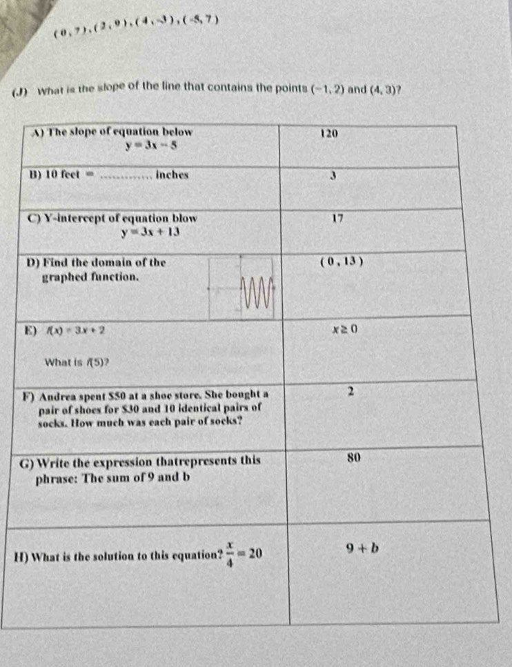 (0,7),(2,0),(4,-3),(-5,7)
(J) What is the slope of the line that contains the points (-1,2) and (4,3)
D
E
F
G
H)