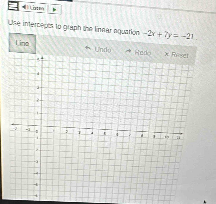 Listen 
Use intercepts to graph the linear equation -2x+7y=-21. 
Line Undo