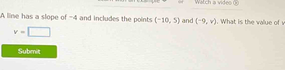 or Watch a video é 
A line has a slope of -4 and includes the points (-10,5) and (-9,v). What is the value of v
v=□
Submit