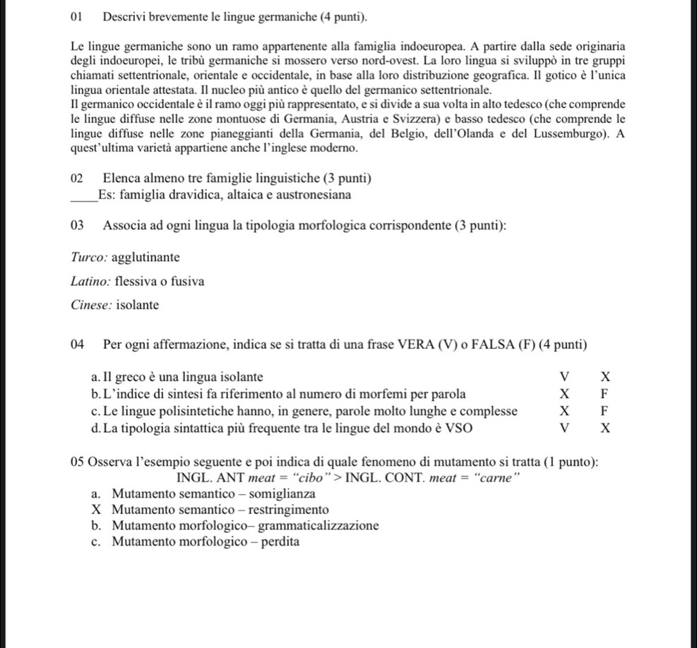 Descrivi brevemente le lingue germaniche (4 punti).
Le lingue germaniche sono un ramo appartenente alla famiglia indoeuropea. A partire dalla sede originaria
degli indoeuropei, le tribù germaniche si mossero verso nord-ovest. La loro lingua si sviluppò in tre gruppi
chiamati settentrionale, orientale e occidentale, in base alla loro distribuzione geografica. Il gotico è l’unica
lingua orientale attestata. Il nucleo più antico è quello del germanico settentrionale.
Il germanico occidentale è il ramo oggi più rappresentato, e si divide a sua volta in alto tedesco (che comprende
le lingue diffuse nelle zone montuose di Germania, Austria e Svizzera) e basso tedesco (che comprende le
lingue diffuse nelle zone pianeggianti della Germania, del Belgio, dell’Olanda e del Lussemburgo). A
quest’ultima varietà appartiene anche l’inglese moderno.
02 Elenca almeno tre famiglie linguistiche (3 punti)
_Es: famiglia dravidica, altaica e austronesiana
03 Associa ad ogni lingua la tipologia morfologica corrispondente (3 punti):
Turco: agglutinante
Latino: flessiva o fusiva
Cinese: isolante
04 Per ogni affermazione, indica se si tratta di una frase VERA (V) o FALSA (F) (4 punti)
a. Il greco è una lingua isolante V X
b. L’indice di sintesi fa riferimento al numero di morfemi per parola X F
c. Le lingue polisintetiche hanno, in genere, parole molto lunghe e complesse X F
d. La tipologia sintattica più frequente tra le lingue del mondo è VSO V X
05 Osserva l’esempio seguente e poi indica di quale fenomeno di mutamento si tratta (1 punto):
INGL. ANT meat = “cibo” > INGL. CONT. meat = “carne”
a. Mutamento semantico - somiglianza
X Mutamento semantico - restringimento
b. Mutamento morfologico- grammaticalizzazione
c. Mutamento morfologico - perdita