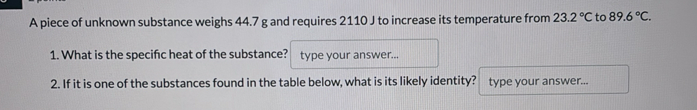 A piece of unknown substance weighs 44.7 g and requires 2110 J to increase its temperature from 23.2°C to 89.6°C. 
1. What is the specifc heat of the substance? type your answer... 
2. If it is one of the substances found in the table below, what is its likely identity? type your answer...
