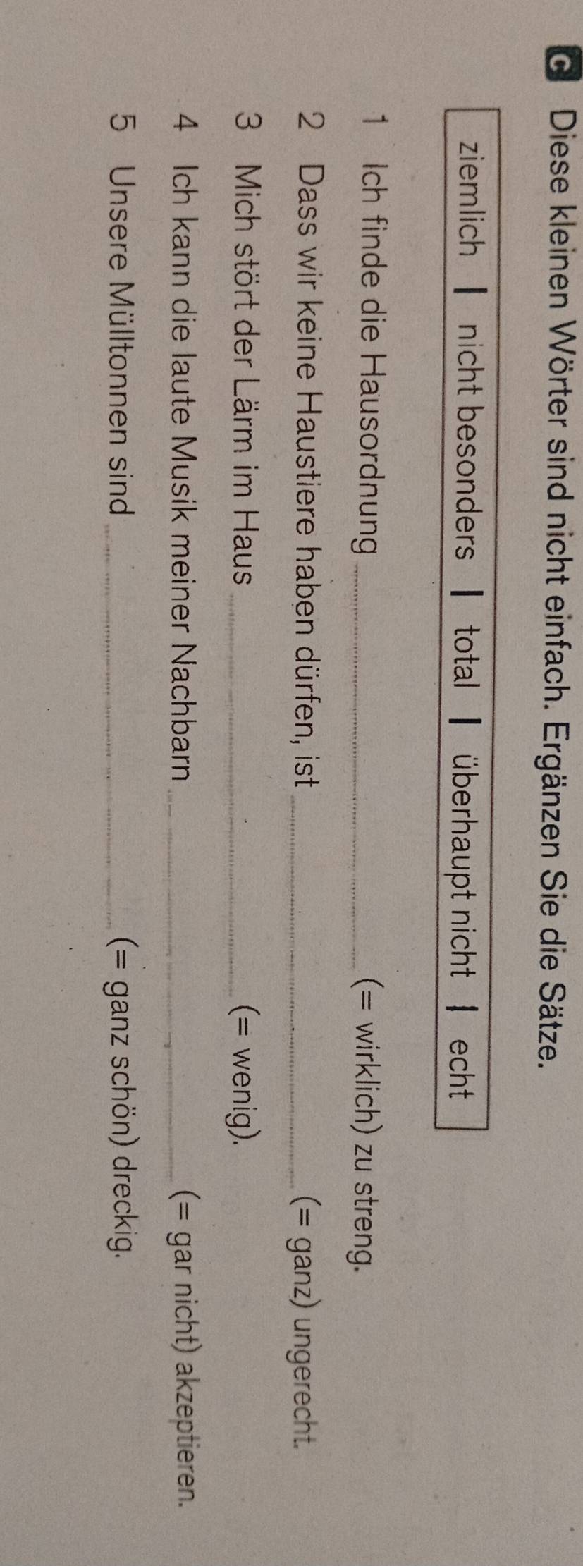 Diese kleinen Wörter sind nicht einfach. Ergänzen Sie die Sätze.
ziemlich ▎ nicht besonders total überhaupt nicht | echt
1 Ich finde die Hausordnung _(= wirklich) zu streng.
2 Dass wir keine Haustiere haben dürfen, ist _(= ganz) ungerecht.
3 Mich stört der Lärm im Haus _(= wenig).
4 Ich kann die laute Musik meiner Nachbarn _(= gar nicht) akzeptieren.
5 Unsere Mülltonnen sind _(= ganz schön) dreckig.