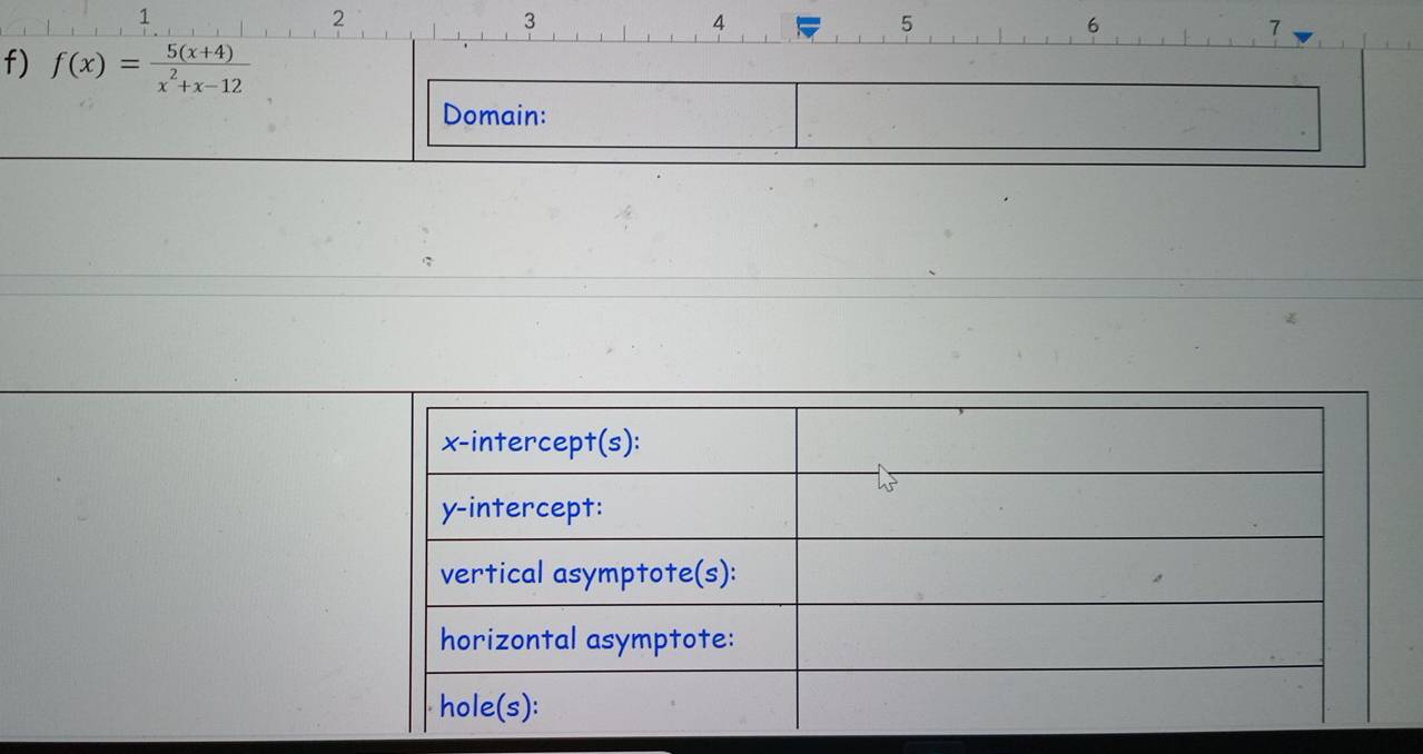 1 
2 
3
4
5
6
7
f) f(x)= (5(x+4))/x^2+x-12 
Domain: