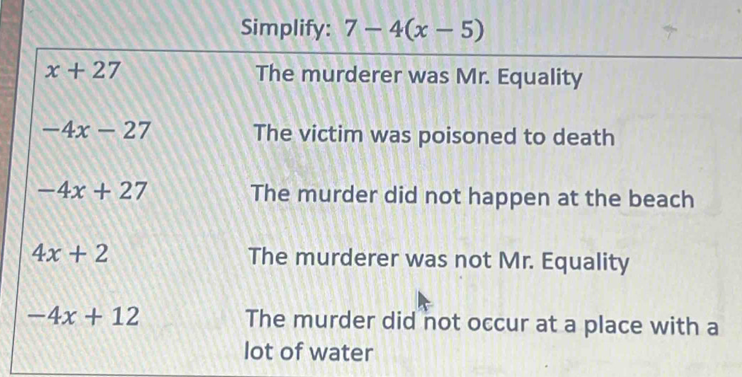 Simplify: 7-4(x-5)