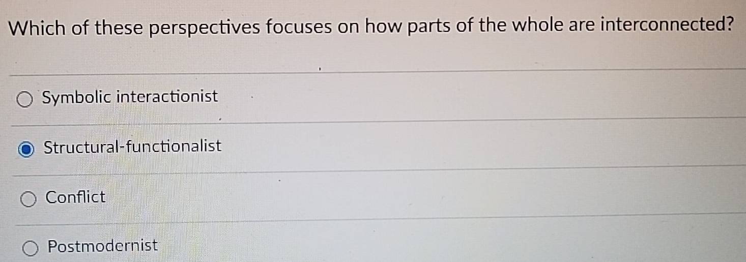 Which of these perspectives focuses on how parts of the whole are interconnected?
Symbolic interactionist
Structural-functionalist
Conflict
Postmodernist