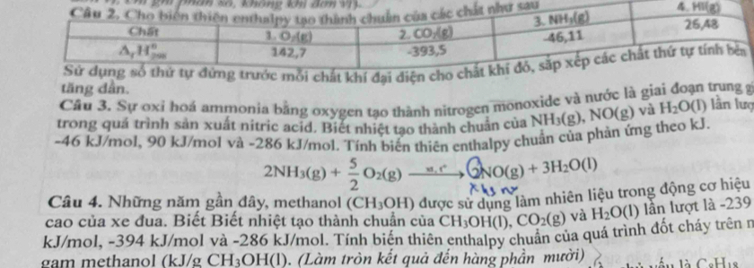 tăng dần.
Cầu 3. Sự oxỉ hoá ammonia bằng oxygen tạo thành nitrogen monoxide và nước là giai đoạn trung g
trong quá trình sản xuất nitric acid. Biết nhiệt tạo thành chuân của NH_3(g),NO(g) và H_2O(l) lần lượ
-46 kJ/mol, 90 kJ/mol và -286 kJ/mol. Tính biển thiên enthalpy chuẩn của phản ứng theo kJ
2NH₃(g) +=O₂(g) — ⑤NO(g) +3H₂O(l)
Câu 4. Những năm gần đây, methanol (CH_3OH) được sử dụng làm nhiên liệu trong động cơ hiệu
cao của xe đua. Biết Biết nhiệt tạo thành chuẩn của CH_3OH(l),CO_2(g) và H_2O(l) lần lượt là -239
kJ/mol. -394 kJ/mol và -286 kJ/mol. Tính biến thiên enthalpy chuẩn của quá trình đốt cháy trên n
gam methanol (kJ/g CH_3OH(l ). (Làm tròn kết quả đến hàng phần mười)