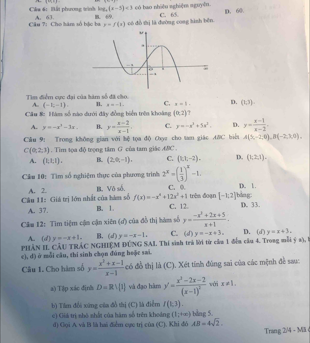 (0;1).
(x_)
Câu 6: Bất phương trình log _4(x-5)<3</tex> có bao nhiêu nghiệm nguyên.
A. 63. B. 69. C. 65. D. 60.
Câu 7: Cho hàm số bậc ba y=f(x) có đồ thị là đường cong hình bên.
Tìm điểm cực đại của hàm số đã cho.
C.
A. (-1;-1). B. x=-1. x=1.
D. (1;3).
Câu 8: Hàm số nào dưới đây đồng biến trên khoảng (0;2) ?
A. y=-x^3-3x. B. y= (x-2)/x-1 . y=-x^3+5x^2. D. y= (x-1)/x-2 .
C.
Câu 9: Trong không gian với hệ tọa độ Oxyz cho tam giác ABC biết A(5;-2;0),B(-2;3;0),
C(0;2;3). Tìm tọa độ trọng tâm G của tam giác ABC .
A. (1;1;1). B. (2;0;-1). C. (1;1;-2). D. (1;2;1).
Câu 10: Tìm số nghiệm thực của phương trình 2^x=( 1/3 )^x-1.
A. 2. B. Vô số. C. 0.
D. 1.
Câu 11: Giá trị lớn nhất của hàm số f(x)=-x^4+12x^2+1 trên đoạn [-1;2] bǎng:
C. 12.
A. 37. B. 1. D. 33.
Câu 12: Tìm tiệm cận cận xiên (d) của đồ thị hàm số y= (-x^2+2x+5)/x+1 .
A. (d) y=-x+1. B. (d) y=-x-1. C. (d) y=-x+3. D. (d) y=x+3.
PHÀN II. CÂU TRÁC NGHIỆM ĐÚNG SAI. Thí sinh trả lời từ câu 1 đến câu 4. Trong mỗi ý a), l
c), d) ở mỗi câu, thí sinh chọn đúng hoặc sai.
Câu 1. Cho hàm số y= (x^2+x-1)/x-1  có đồ thị là (C). Xét tính đúng sai của các mệnh đề sau:
a) Tập xác định D=R/ 1 và đạo hàm y'=frac x^2-2x-2(x-1)^2 với x!= 1.
b) Tâm đối xứng của đồ thị (C) là điểm I(1;3).
c) Giá trị nhỏ nhất của hàm số trên khoảng (1;+∈fty ) bằng 5.
d) Gọi A và B là hai điểm cực trị của (C). Khi đó AB=4sqrt(2).
Trang 2/4 - Mã ở