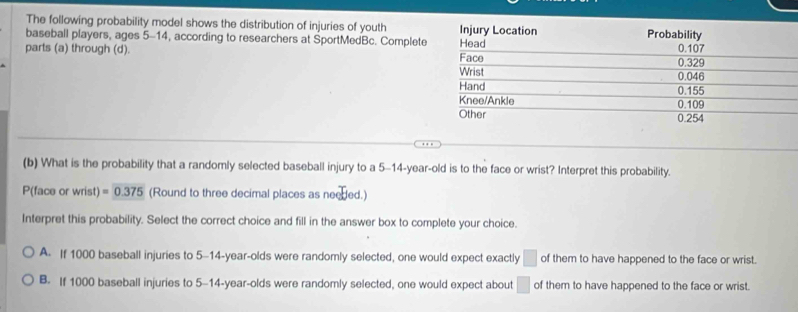 The following probability model shows the distribution of injuries of youth 
baseball players, ages 5-14, according to researchers at SportMedBc. Complete
parts (a) through (d). 
(b) What is the probability that a randomly selected baseball injury to a 5-14-year-old is to the face or wrist? Interpret this probability.
P(face or wrist) =0.375 (Round to three decimal places as needed.)
Interpret this probability. Select the correct choice and fill in the answer box to complete your choice.
A. If 1000 baseball injuries to 5-14-year -olds were randomly selected, one would expect exactly □ of them to have happened to the face or wrist.
B. If 1000 baseball injuries to 5-14-year -olds were randomly selected, one would expect about □ of them to have happened to the face or wrist.