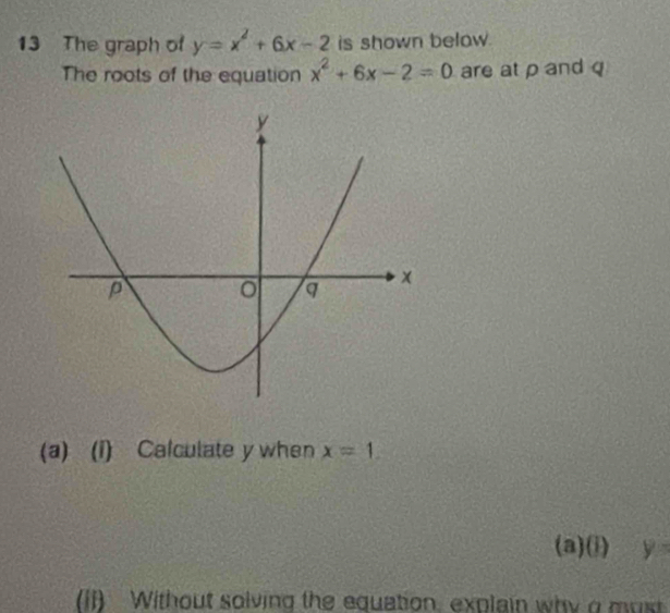 The graph of y=x^2+6x-2 is shown belaw. 
The roots of the equation x^2+6x-2=0 are at p and q
(a) (1) Calculate y when x=1. 
(a) || y
(ii) Without solving the equation, explain why a must