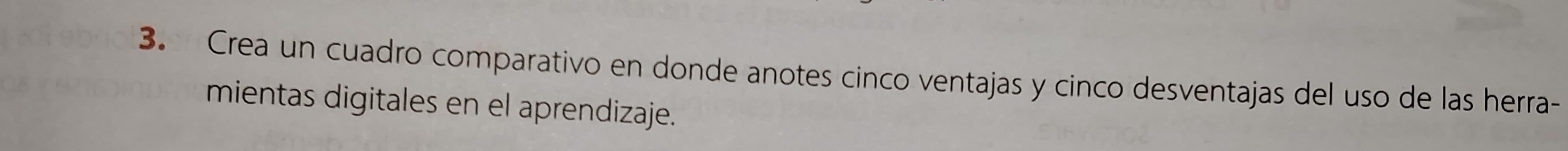 Crea un cuadro comparativo en donde anotes cinco ventajas y cinco desventajas del uso de las herra- 
mientas digitales en el aprendizaje.