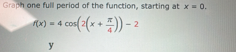 Graph one full period of the function, starting at x=0.
f(x)=4cos (2(x+ π /4 ))-2
y