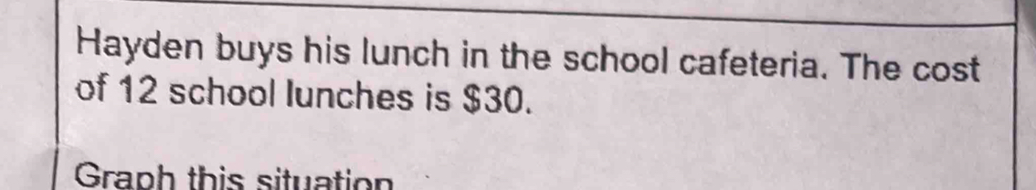 Hayden buys his lunch in the school cafeteria. The cost 
of 12 school lunches is $30. 
Graph this situation