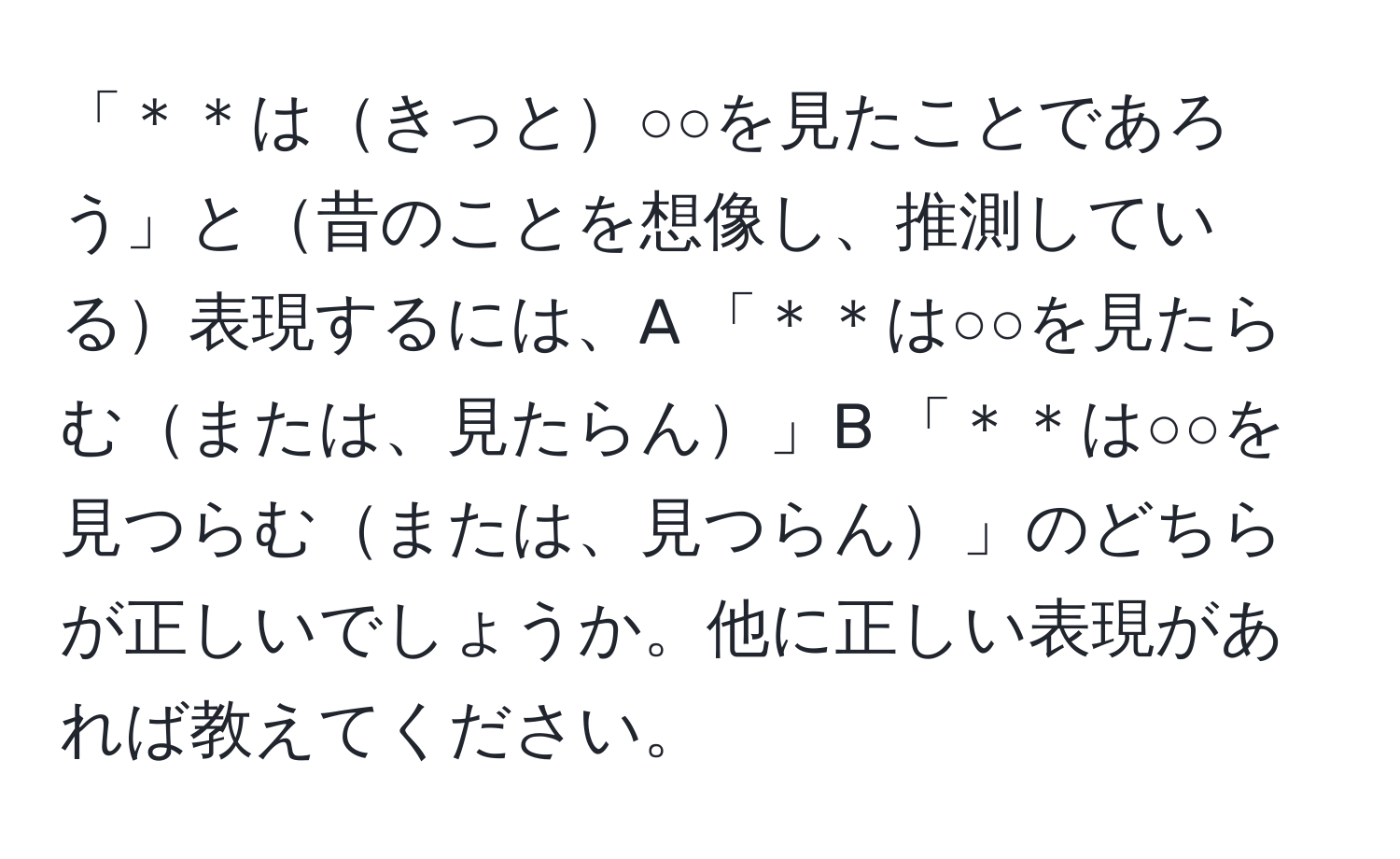 「＊＊はきっと○○を見たことであろう」と昔のことを想像し、推測している表現するには、A 「＊＊は○○を見たらむまたは、見たらん」B 「＊＊は○○を見つらむまたは、見つらん」のどちらが正しいでしょうか。他に正しい表現があれば教えてください。